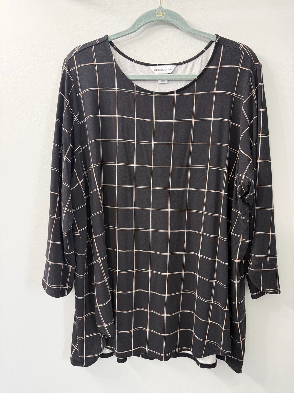Liz Claiborne Black Round Neck Windowpane 3/4 Sleeve Blouse 2X